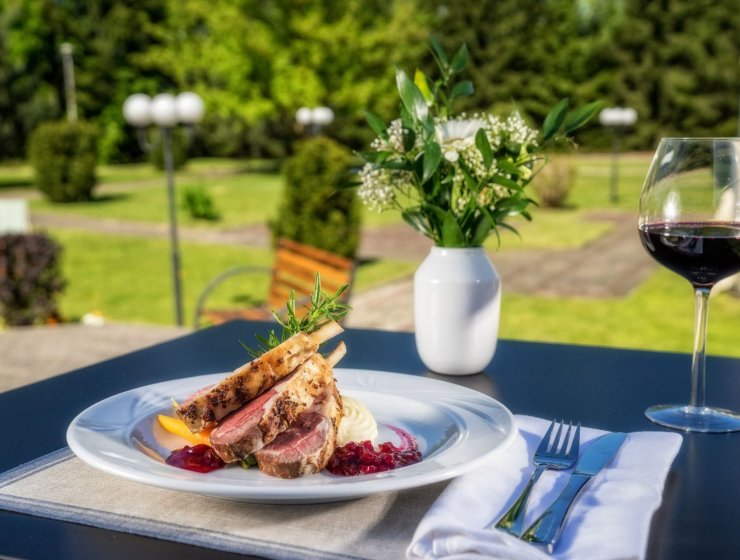 A meal in green surroundings