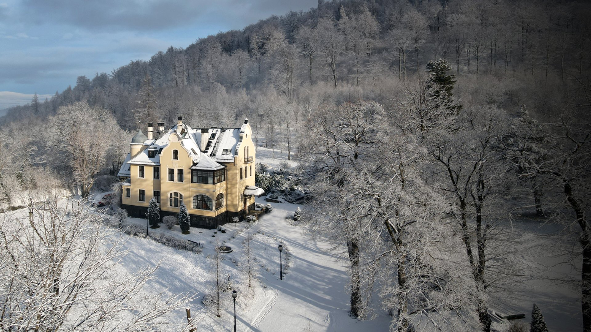 Hotel pokryty śniegiem, otoczony zimowymi drzewami.