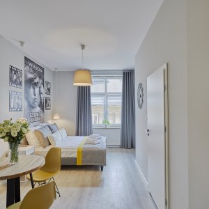 Widok od wejścia do apartamentu – przytulne i eleganckie wnętrze.