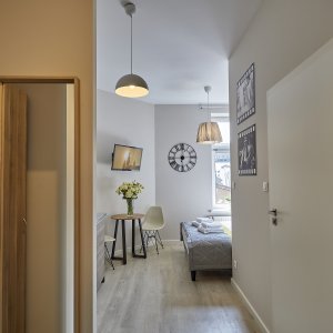 Widok na przestronny wnętrze od wejścia, ukazujący elegancki wystrój apartamentu.