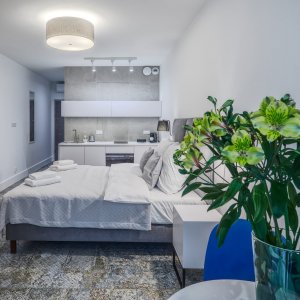 Widok na jasne i przestronne wnętrze apartamentu z dużymi oknami, które zapewniają naturalne światło.