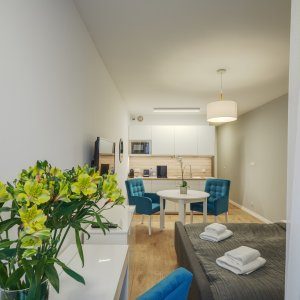Widok z okna na aneks kuchenny oraz elegancki stół w apartamencie