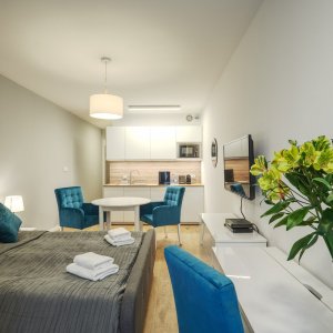 Całościowy widok na przestronny apartament dwuosobowy