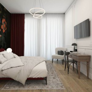 Przestronna sypialnia z dużym oknem – jasne i stylowe wnętrze z naturalnym oświetleniem.