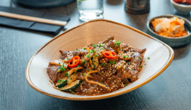 Japchae: sweet potato starch noodles with beef 