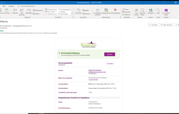 booking confirmation by email