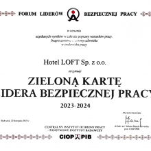 Hotel LOFT z Zieloną Kartą Lidera Bezpiecznej Pracy