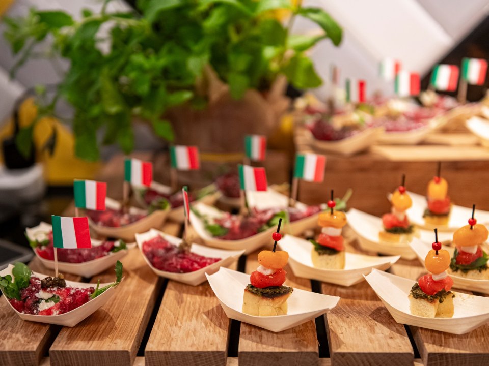 Italian appetisers at a food station during an evening at o3meet